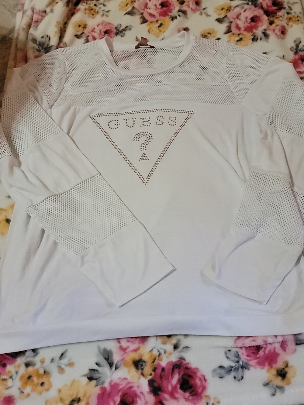 GUESS  White Logo Long-Sleeve Mesh Panel Top